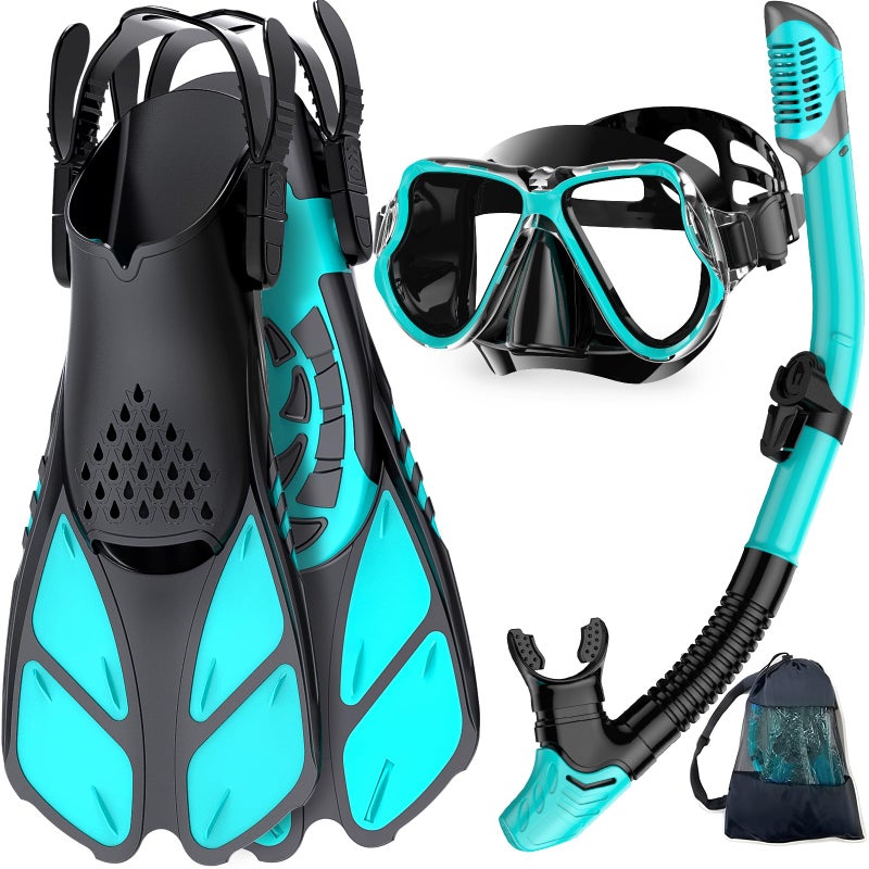 Zenoplige Mask Fins Snorkel Set, Snorkeling Gear for Adults, Panoramic View Snorkel Mask Anti-Fog, Adjustable Dive Flippers, Dry Top Snorkel and Travel Bag, Scuba Gear for Swimming Snorkeling Diving - Image 1